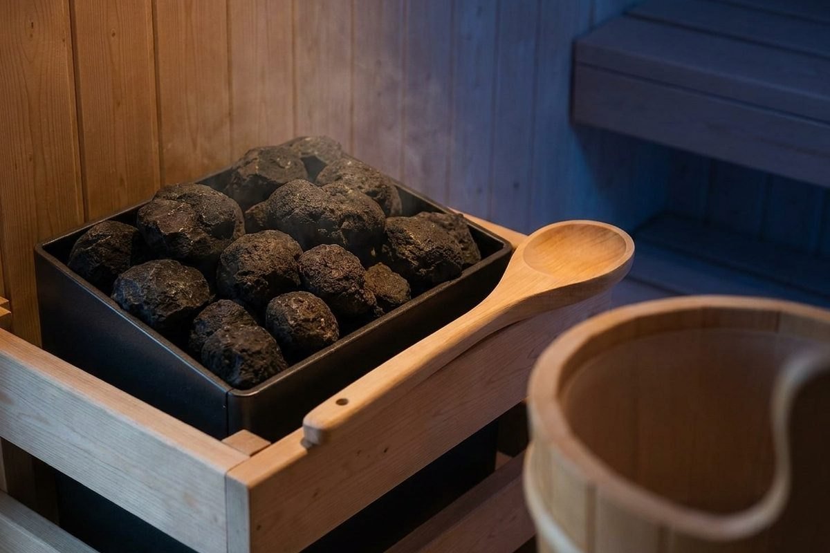 The sauna heater stones and ladle
