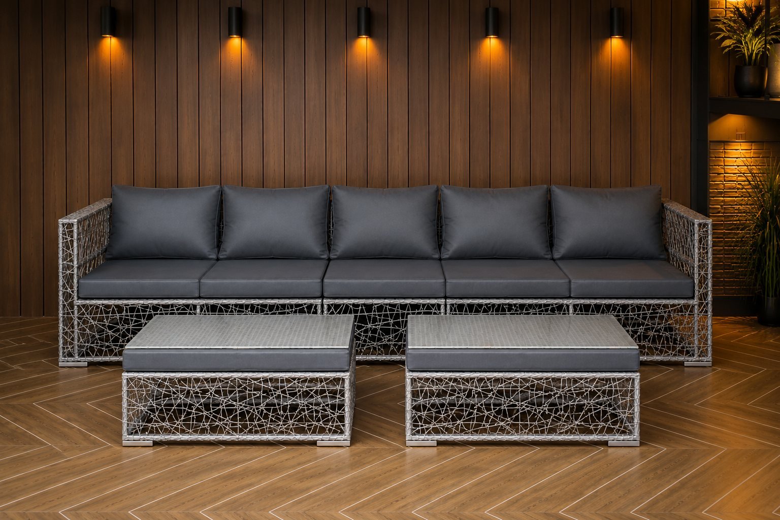 The lounge, sofa against the timber wall