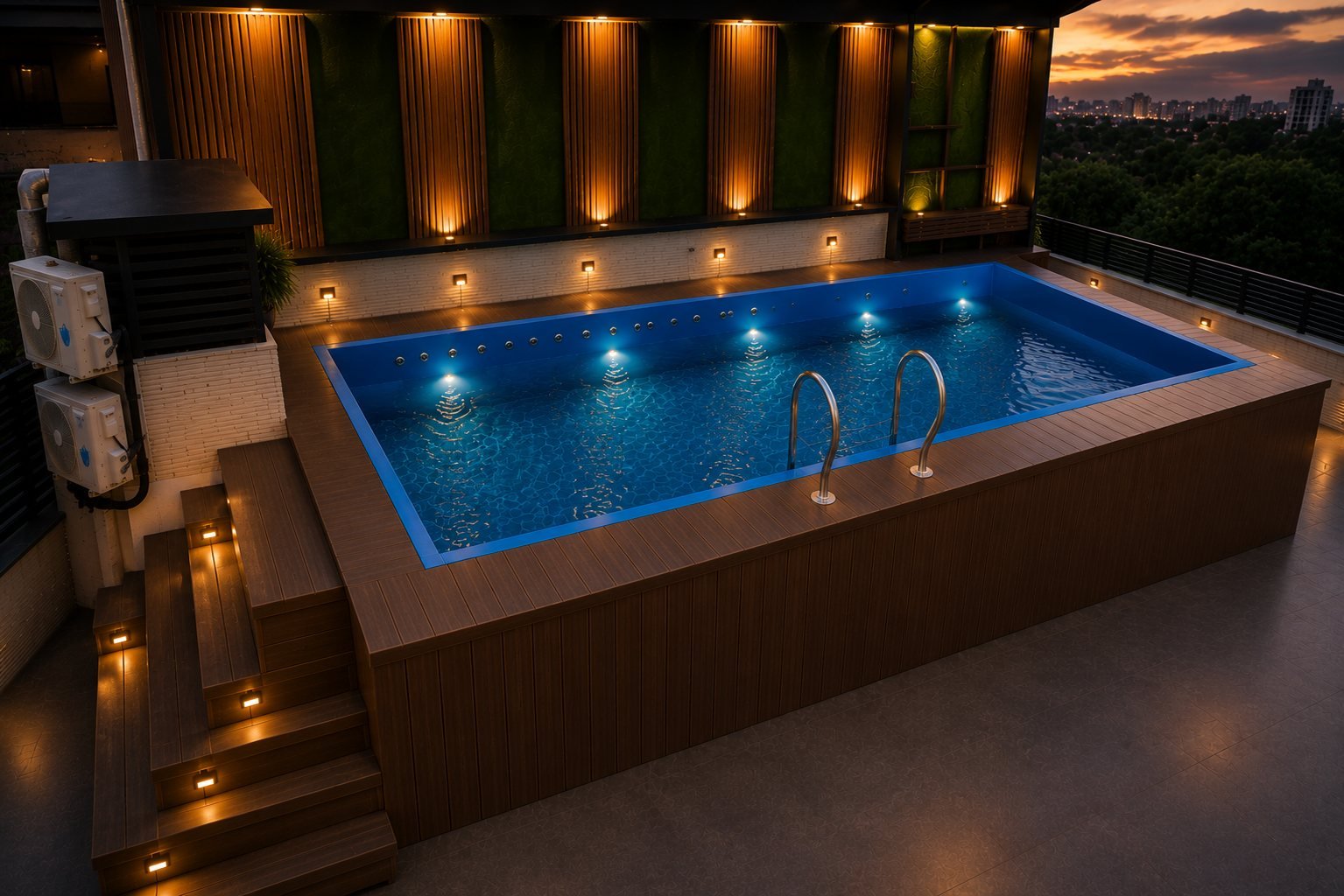 The pool and timber deck at dusk