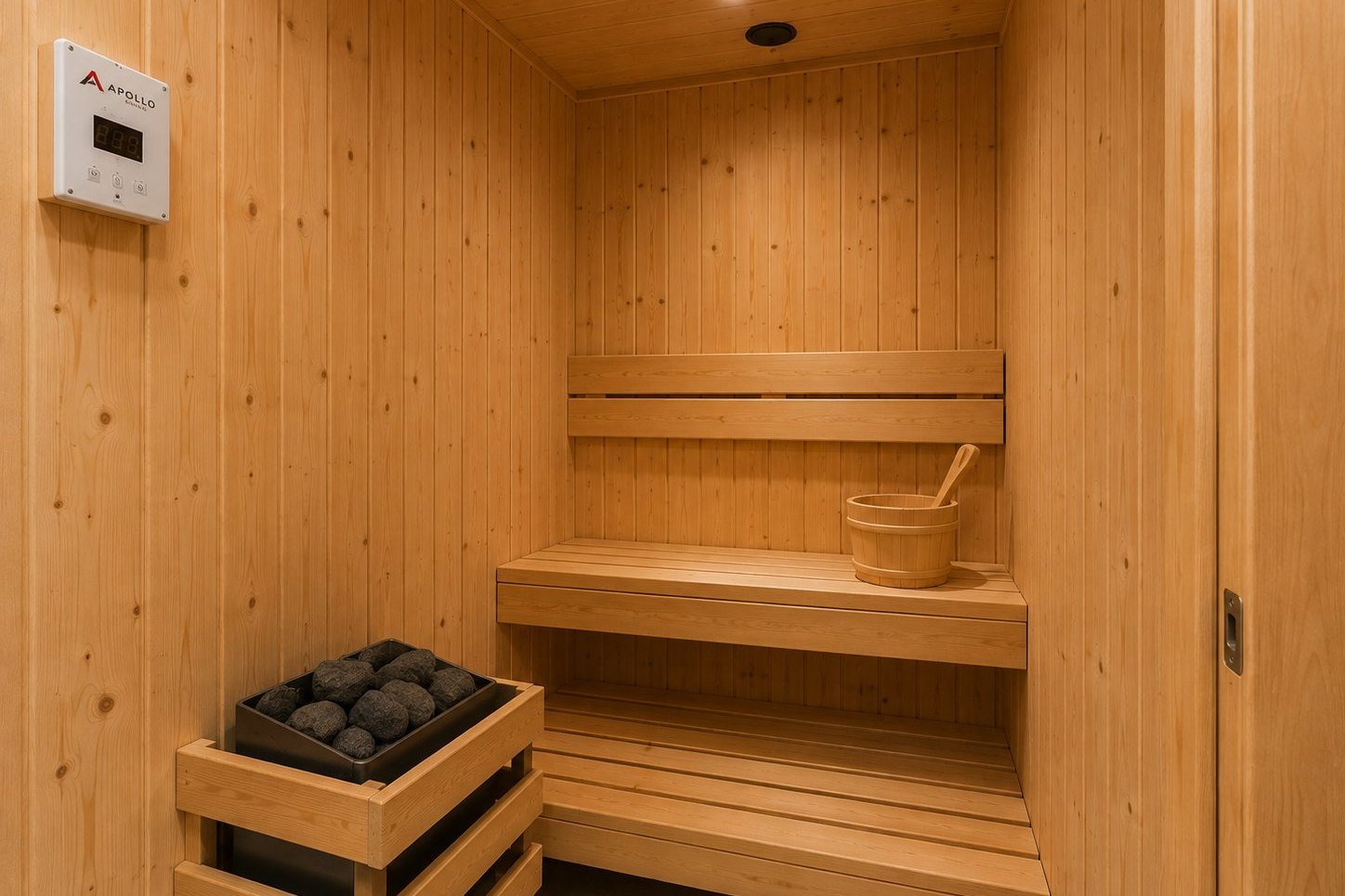 The sauna benches and stone heater
